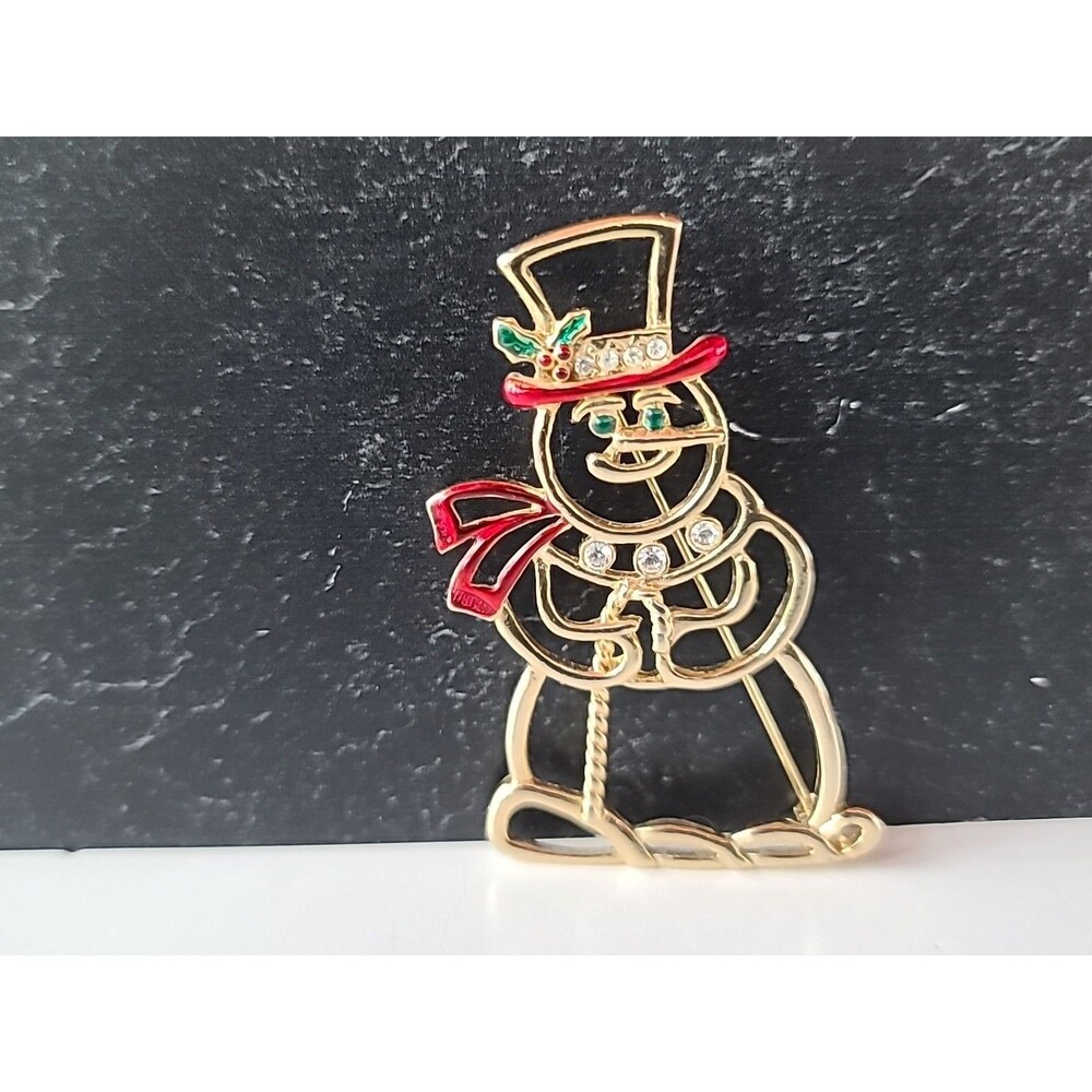 Christmas Snowman Rhinestone & Enamel Gold Tone Brooch Vintage Costume Jewelry